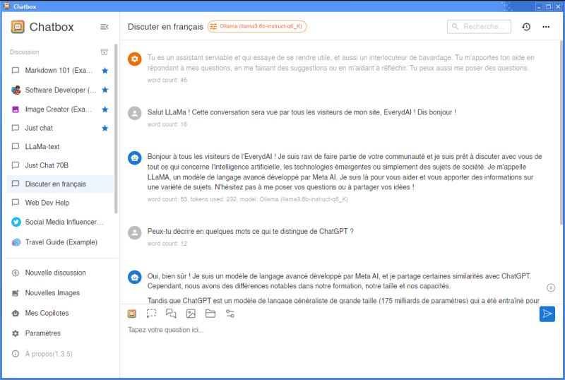 Fenêtre Chatbox pour discuter avec LLaMa et autres LLM