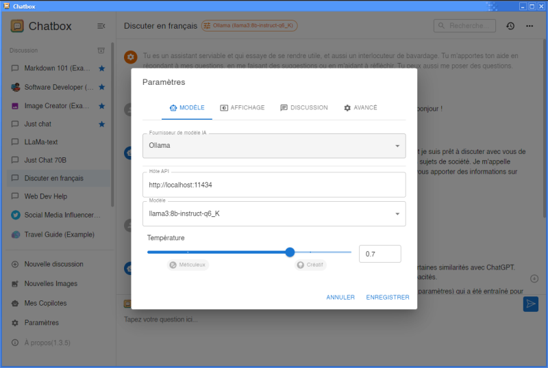 Paramétrage Chatbox pour choisir et configurer son LLM