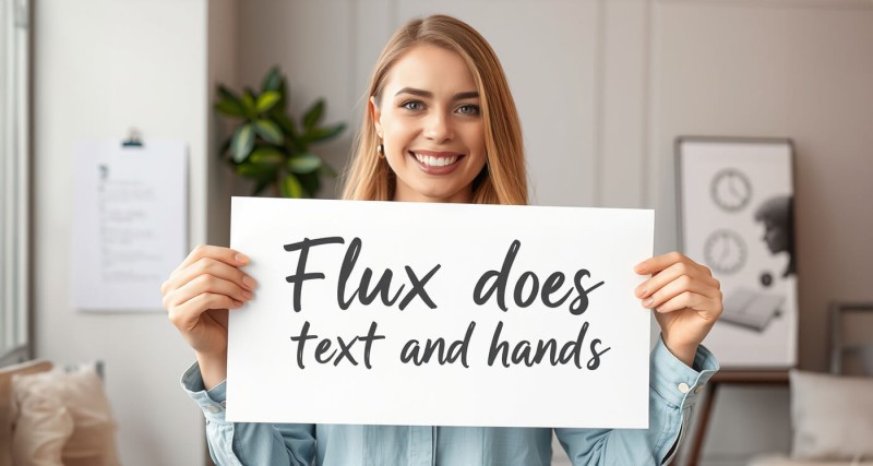 Image d'une femme portant un panneau indiquant "Flux does text and hands", générée avec FLUX PRO